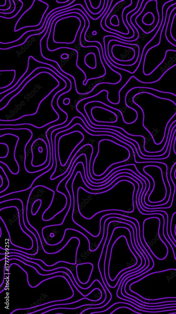 Psychedelic Purple and Black Abstract Topographic Contour Lines Moving Seamlessly | Vertical Animated Digital Map Pattern Loop for Nightclub or Sci-Fi VFX