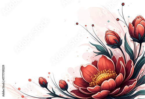 Digital illustration of a romantic floral corner with a large red flower and multiple buds and leaves, set against a soft pink watercolor background.