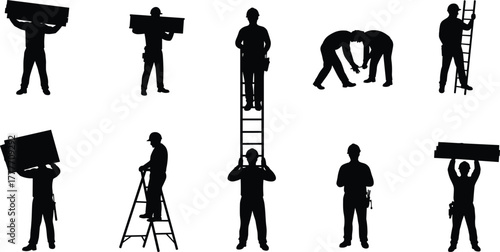 Construction workers silhouettes, teamwork, labor, ladder climbing, lifting, bending, tools, industrial site, safety gear, building, job site, hard work
