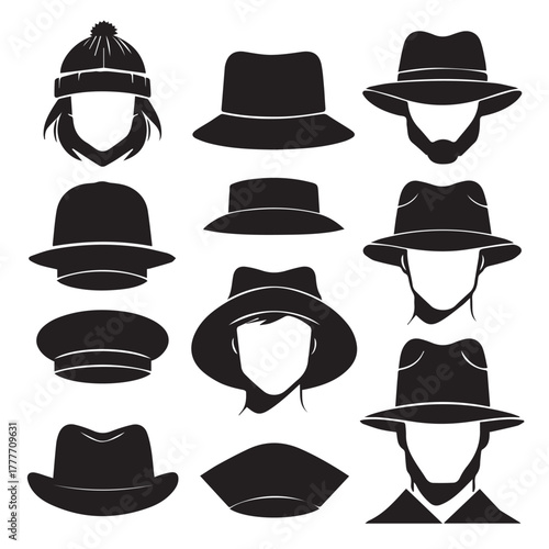 Collection of diverse black silhouette headwear and hats for men and women against a white background