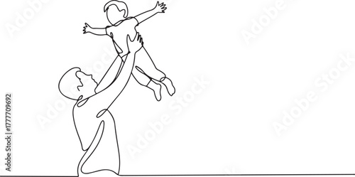 Fatherhood joy continuous line art dad throwing son high in air happiness together
