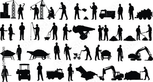 silhouettes, crane, excavator, teamwork, labor, tools, dump truck, cement mixer, shovel, wheelbarrow, site, gear, lifting, building, safety, engineering, contractor, infrastructure