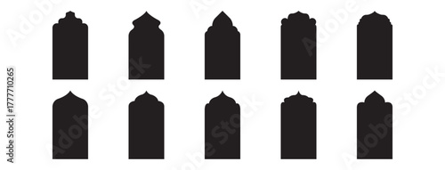 Islamic frame door, arabian portal pattern, morocco shape icon. Vintage architecture window, Ramadan arch. Indian old border. Ethnic ornament decoration element set on white bg. Vector illustration