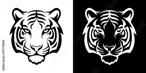 Stylized tiger head vector graphic set in two color variations. A fierce wildcat face illustration for a sports mascot, emblem, or tribal tattoo design