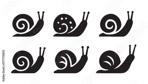 Set of six distinct snail silhouette vector icons and symbols.