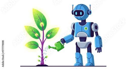Illustration Of A Robot Nurturing A Plant Symbolizing Future Environmental Care Giving