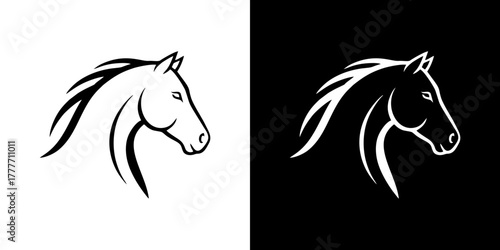 Elegant horse head profile with a flowing mane, a stylized vector illustration set in black and white for an equestrian logo or mascot