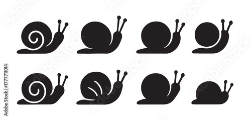 Minimalist snail silhouettes and shell icons set, vector graphics.