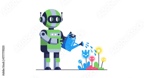 Illustration Of A Robot Watering Smiling Flowers In A Bright And Colorful Garden