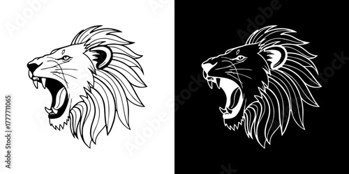 Intense roaring lion head graphic showcasing power and majesty in a stylized, monochromatic vector format, suitable for diverse design applications and branding projects