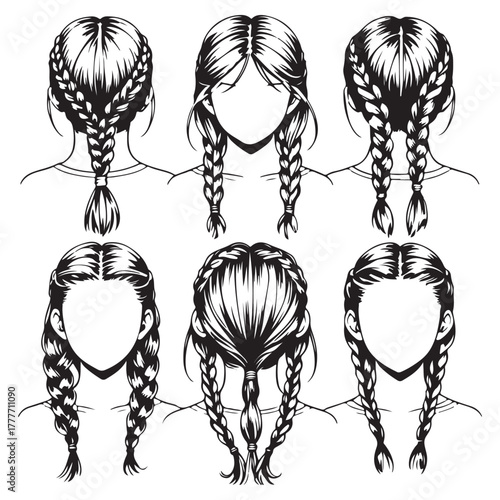 Collection of six distinct hand drawn illustrations showcasing diverse braided hairstyles from a rear view perspective