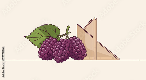 Illustration Of A Tasty Fresh Blackberry Branch With Paper Napkins For Design