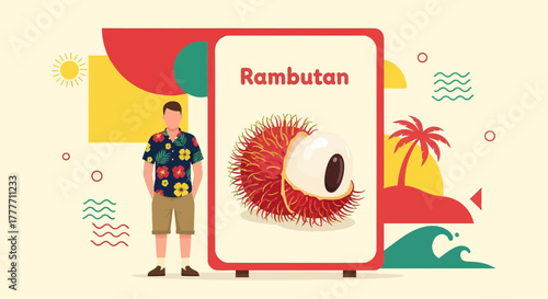 Illustration Of Rambutan Fruit Displayed On A Sign With Beach Theme And A Man