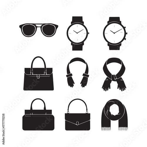 Collection of stylish black silhouette fashion accessories for women including handbags watches sunglasses and scarves