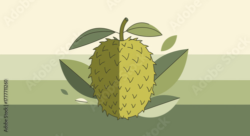 Illustration Of A Tasty Soursop Fruit With Green Leaves, Artwork, Vector Plant Graphics