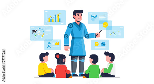 Illustration Of A Teacher Explaining Data To Students Using Holographic Screens