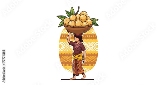 Illustration Of A Woman Carrying Fruit On Her Head In A Traditional Setting