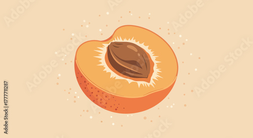 Illustration Of A Vibrant Peach Cut In Half Revealing The Seed On A Neutral Background