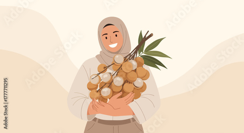 Illustration Of A Woman Holding A Bunch Of Delicious Fresh Longan Fruits Smiling
