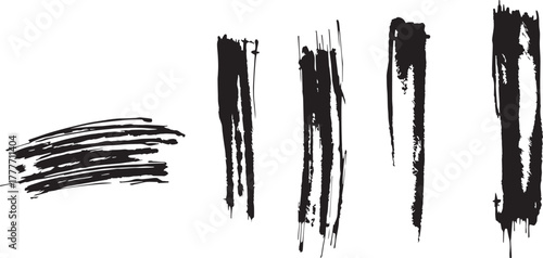 Brush set. Vector black paint brush spots, highlighter lines or felt-tip pen marker. Ink smudge abstract shape stains and smear set with texture