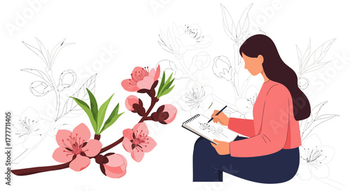 Illustration Of An Artist Sketching Pink Blossoms, Drawing Nature with a Pencil