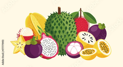 Illustration Of Assorted Tropical Fruits With Unique Textures And Vibrant Colors