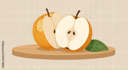 Illustration Of Two Asian Pears, Placed On A Wooden Platter With A Singular Leaf