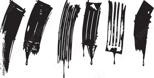 Brush set. Vector black paint brush spots, highlighter lines or felt-tip pen marker. Ink smudge abstract shape stains and smear set with texture