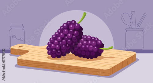 Illustration Of Two Vibrant Mulberries On A Wooden Cutting Board In A Kitchen Setting