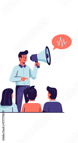 Innovative Communication Techniques: Dynamic Speaker Addressing Audience with Megaphone Illustration