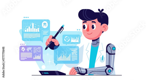 Innovative Data Analysis Illustration Featuring An Enhanced Robotic Humanoid Working With