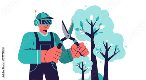 Innovative Gardener Using Augmented Reality Pruning Trees In An Artistic And Modern Illustration