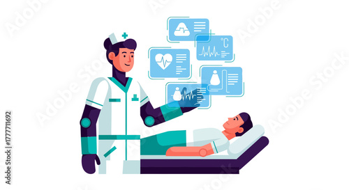 Innovative Healthcare: Futuristic Nurse Interacting With a Patient's Electronic Health Data
