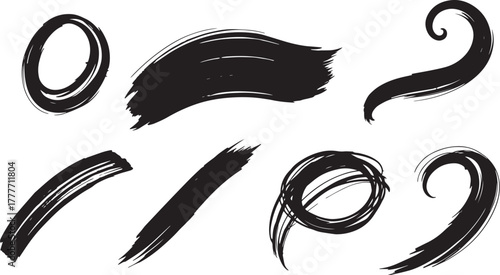 Brush set. Vector black paint brush spots, highlighter lines or felt-tip pen marker. Ink smudge abstract shape stains and smear set with texture