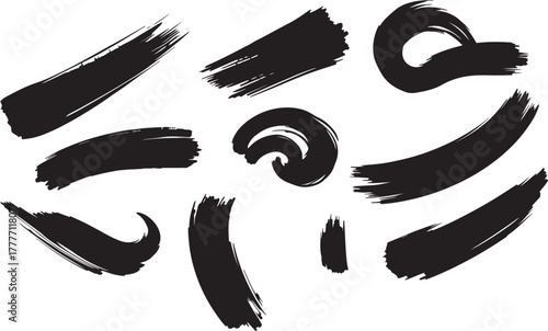 Brush set. Vector black paint brush spots, highlighter lines or felt-tip pen marker. Ink smudge abstract shape stains and smear set with texture