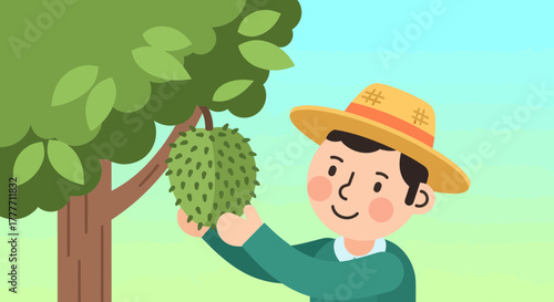 Illustration Of Farmer Harvesting Soursop Fruit From The Tree Under The Sunlight