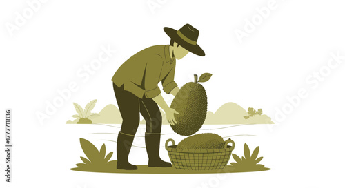 Illustration Of Farmer Harvesting Jackfruit With Natural Landscape Background