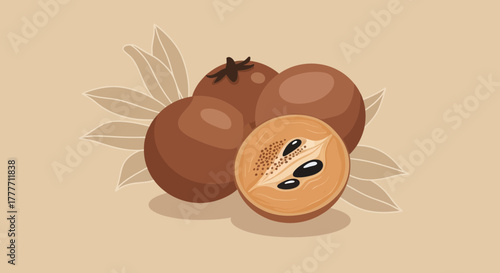 Illustration Of Freshly Cut Sapodilla Fruit With Its Seeds Against A Beige Background