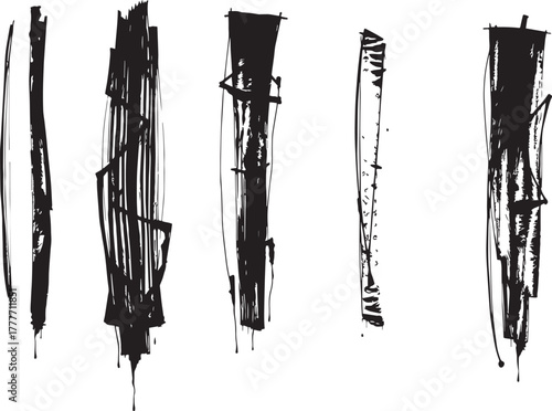 Brush set. Vector black paint brush spots, highlighter lines or felt-tip pen marker. Ink smudge abstract shape stains and smear set with texture