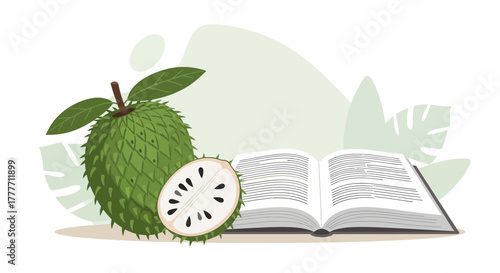 Illustration Of Fruity Literature Featuring A Soursop And An Open Book On White Background