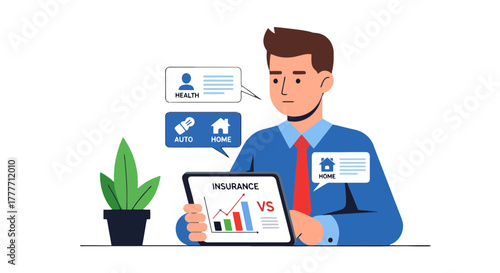Insurance Concept Depicted With Businessman Comparing Financial Protection Options Visually