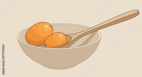 Illustration Of Kumquats, Spoon, and Bowl, Displaying Freshness and Culinary Artistry