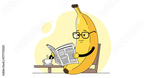 Intelligent Banana Reading the Newspaper and Enjoying His Morning Coffee Time