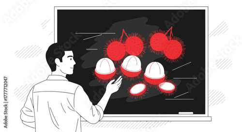 Instructor Explains Anatomy of Rambutans on Blackboard in Vector Illustration