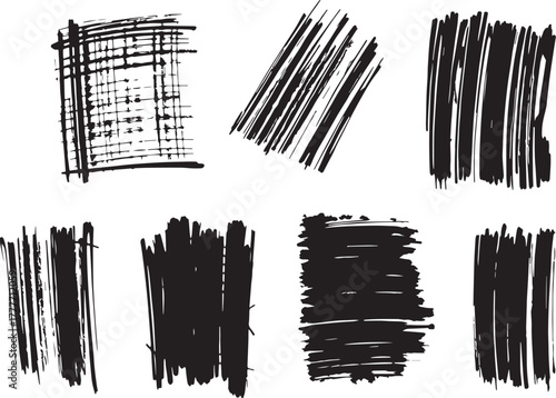 Brush set. Vector black paint brush spots, highlighter lines or felt-tip pen marker. Ink smudge abstract shape stains and smear set with texture