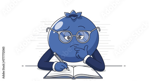 Intelligent Blueberry Character Contemplating Ideas and Writing in Journal