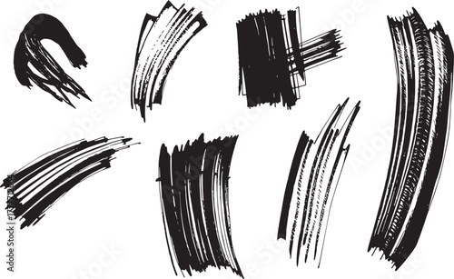 Brush set. Vector black paint brush spots, highlighter lines or felt-tip pen marker. Ink smudge abstract shape stains and smear set with texture