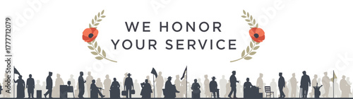 Silhouette of diverse military personnel with text honoring service  