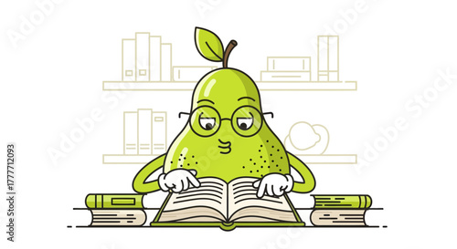 Intelligent Pear Reading Books, Intellectual Concept Depicted In A Fun Cartoon Illustration