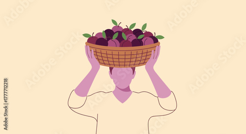 Illustration Of Person Carrying A Basket Of Plums Upon Their Head, Flat Design